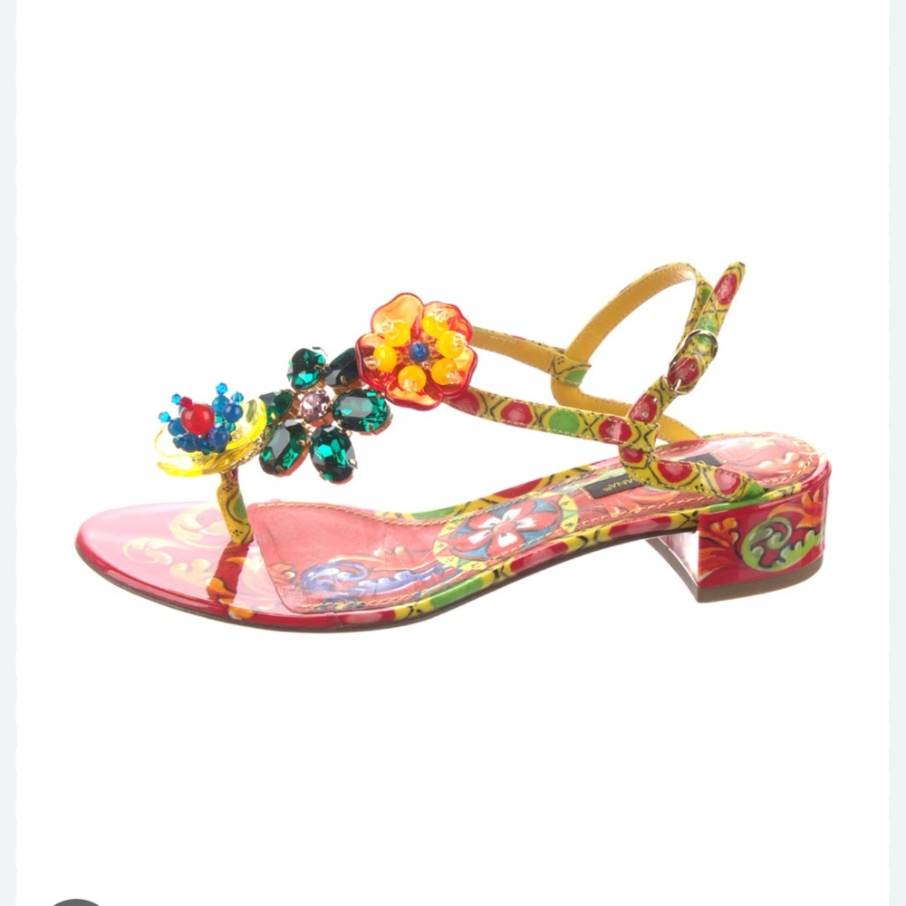 Dolce & Gabbana
Carretto Print Patent Leather Jeweled Flower Sandals, size 6.5